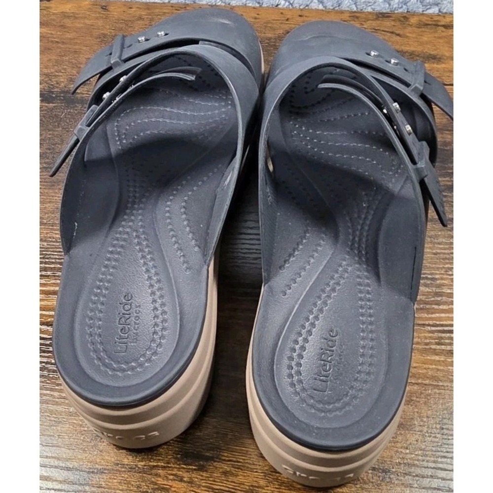 Crocs Womens Brooklyn Buckle Navy Lite Ride Wedge Slide Sandals Size 9 Dbl Strap - Picture 2 of 13